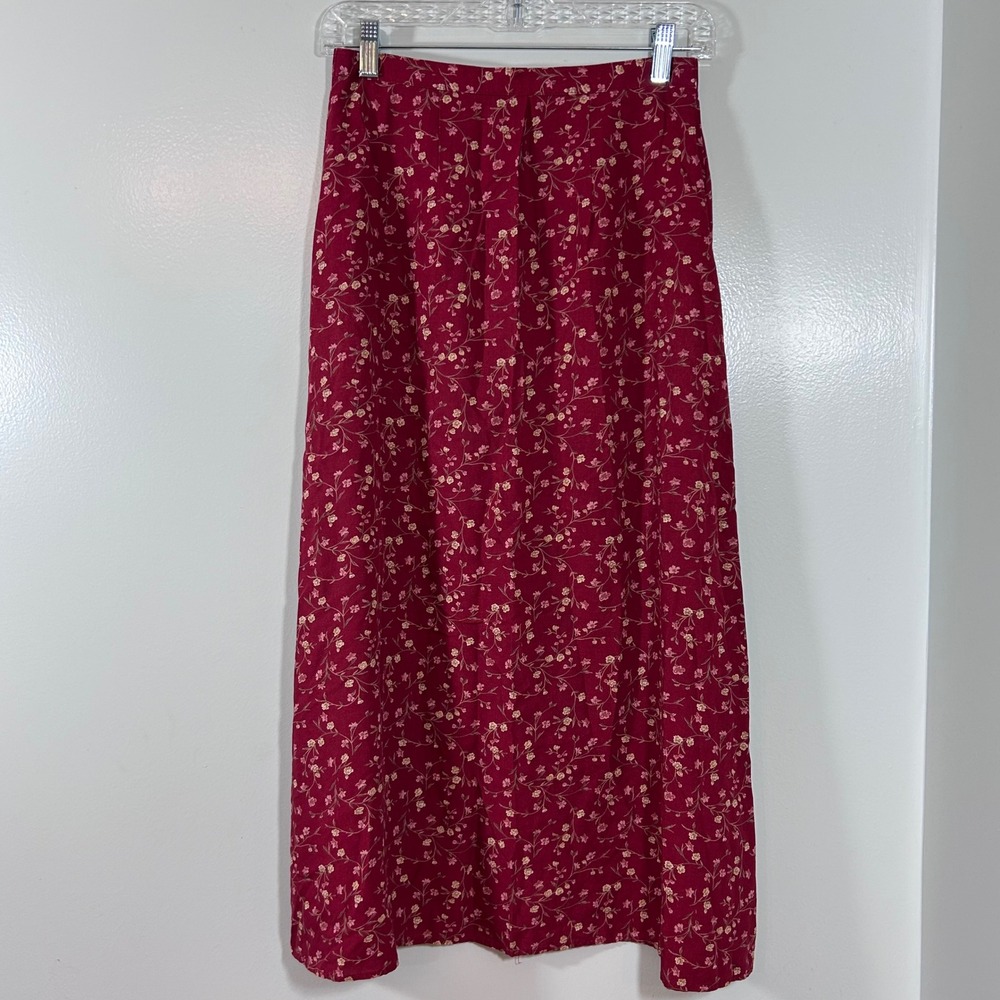 Herman Geist Vintage Burgundy Floral Rayon Maxi Skirt Size 8 Red Cottagecore